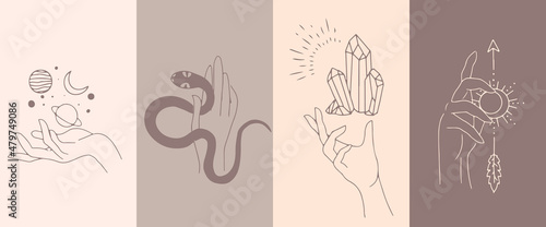 A set of female hand emblems in a minimalistic linear style. Hand gestures holding mystical symbols.