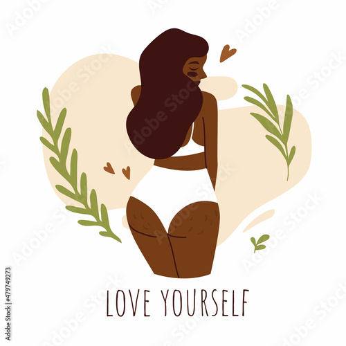 Happy african american curvy female figure. Body positive feminism concept. Lingerie and swimsuit. Beach body, summer vibes. Female beauty and self love poster. Love your body print card