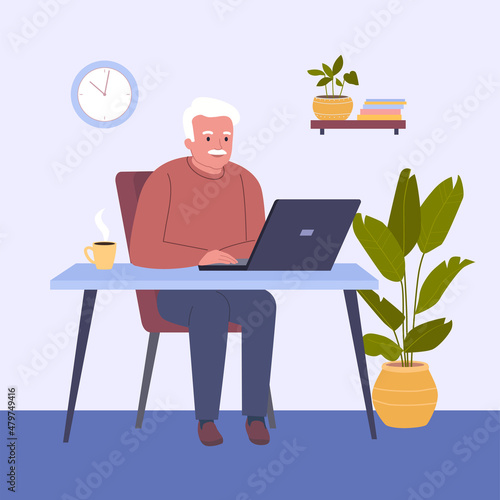 Elderly man using laptop at the table. Vector flat style illustration