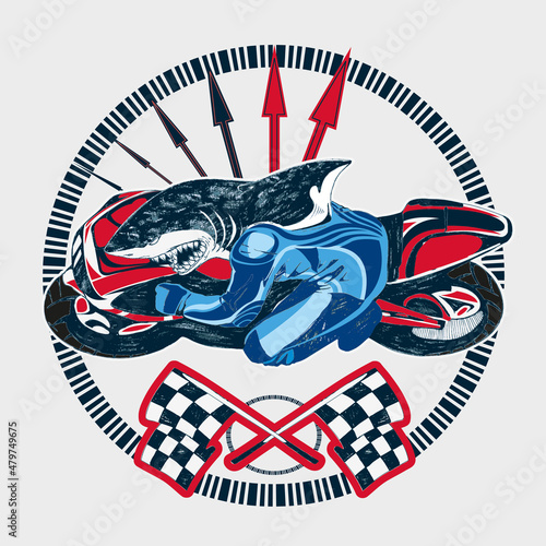 Biker shark riding a motorcycle with an odometer in the background