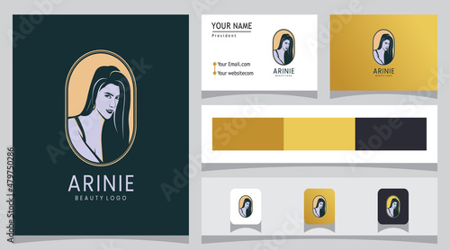 Elegant woman logo with business card for salon, hairstylist, makeover, beauty care.