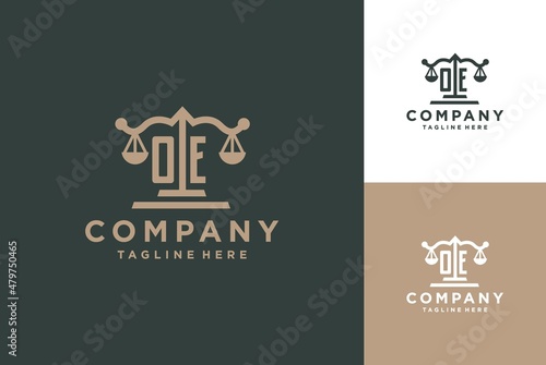 OE initials for lawyer service, attorney, law firm business identity logo template. OE letters with scales of justice symbol vector graphic photo