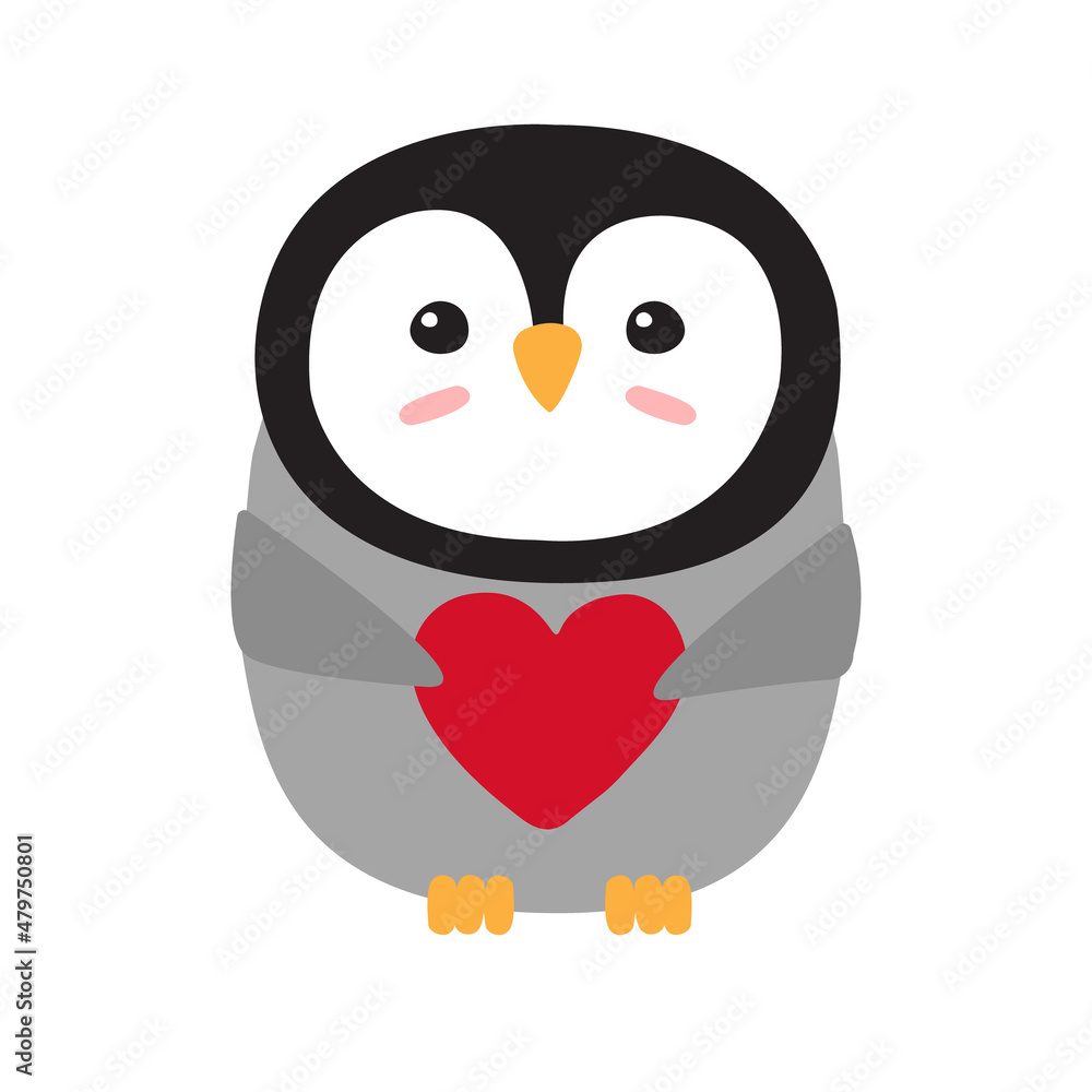 Fototapeta premium Vector flat penguin with heart isolated on white background