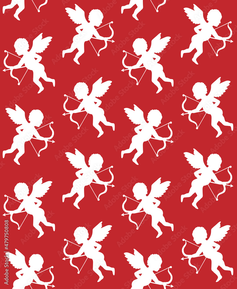 Vector seamless pattern of cupid silhouette isolated on red background