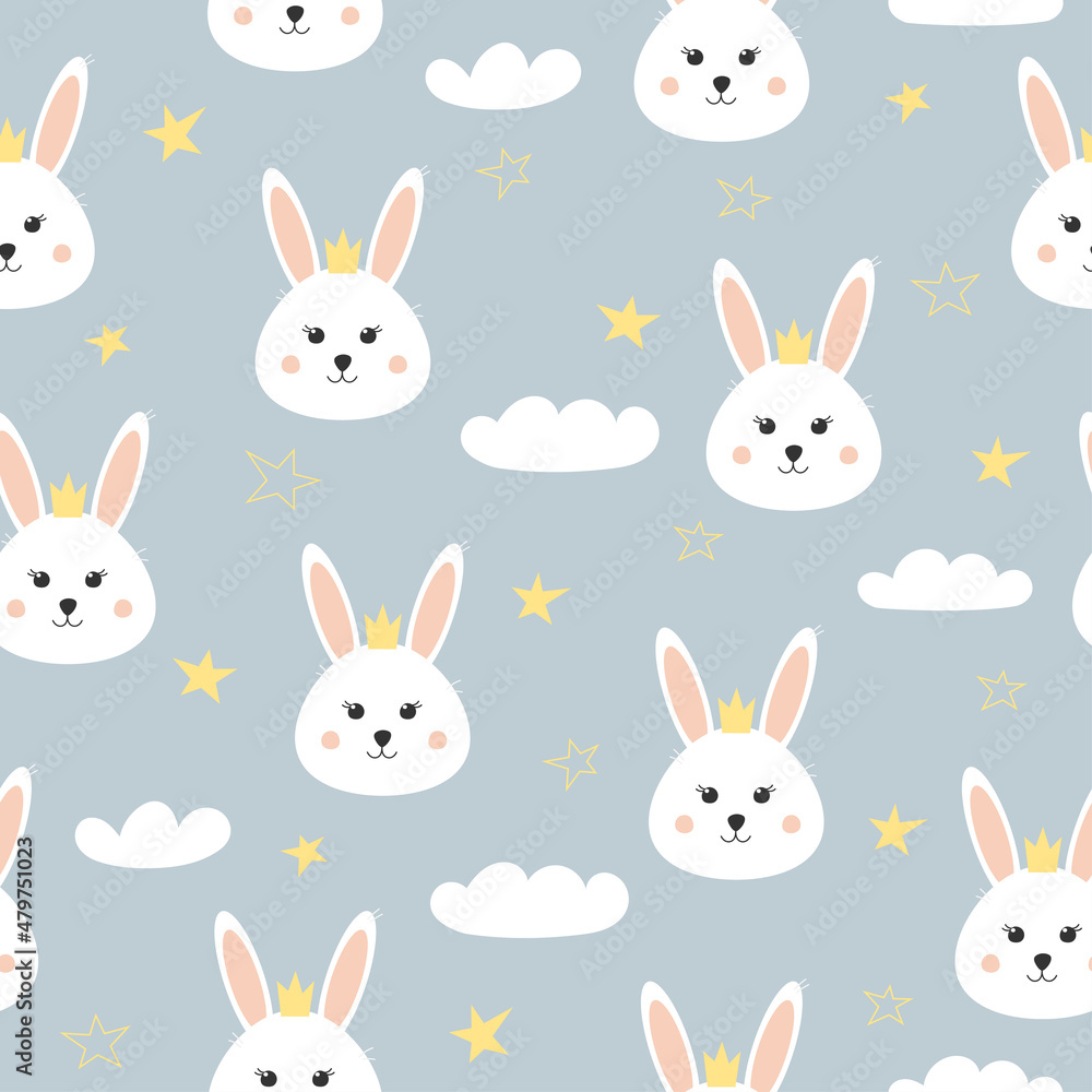 Seamless pattern with cute bunny, star and cloud. Lovely rabbit with crown on blue background. Background for baby shower, wall art, fabric, textile and invitation