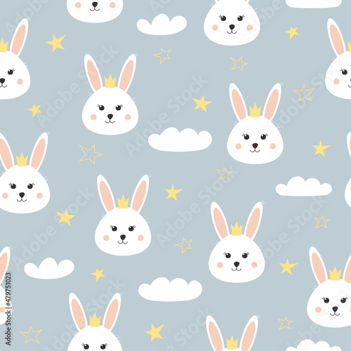 Seamless pattern with cute bunny  star and cloud. Lovely rabbit with crown on blue background. Background for baby shower  wall art  fabric  textile and invitation