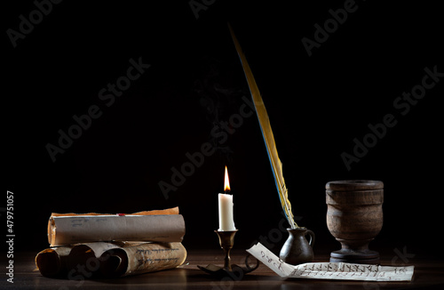 Medieval desk with quill pen