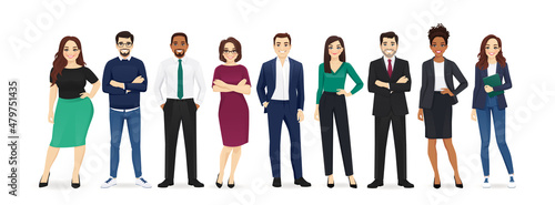 Group of happy diverse business people standing together. Team of colleagues in different ages. Isolated vector illustration.