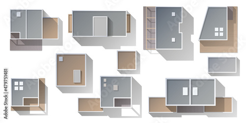 Architectural elements for design of cities plans Top view . Residental complex. Objects to the map view from above. Set of different kinds of houses, buildings. for design . Vector illustration