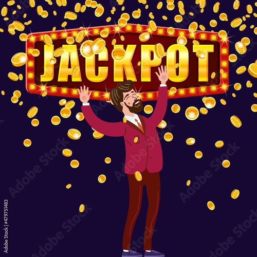 Jackpot banner Happy man falling money gold coins rain. Winner lottery, prize, falling cash. Vector illustration