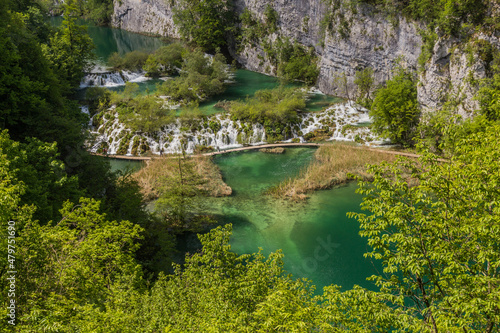 Aerial view of Big cascades boardwalk in Plitvice Lakes National Park, Croatia