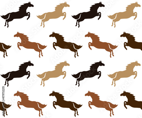 Vector seamless pattern of colored flat jumping horse silhouette isolated on white background