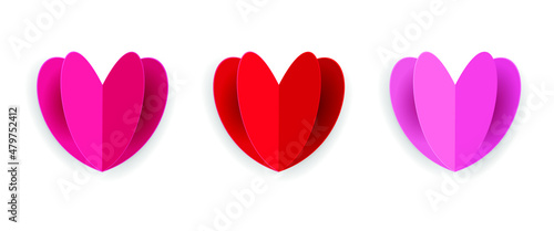 Origami paper hearts vector illustration isolated on white background. Red and pink heart icons.