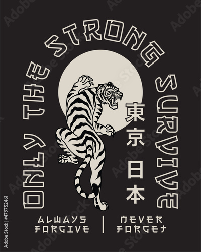 Black and White Asian Style Tiger Illustration with Slogans And Tokyo Japan Words in Japanese Artwork on Black Background for Apparel and Other Uses