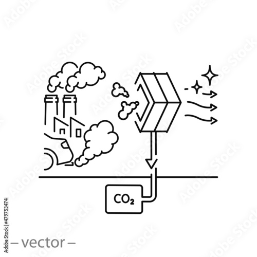 capture and storage co2 icon, low pollution carbon, chemical waste,  decarbonize air, thin line symbol on white background - editable stroke vector illustration