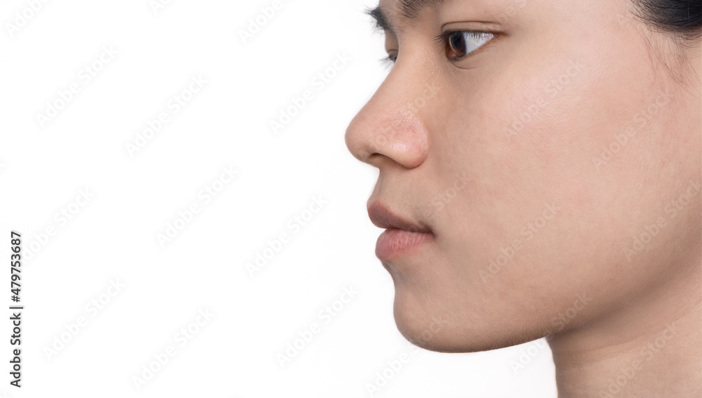 Portrait of young Asian woman with beautiful face and healthy facial skin perfect clean skin on white background. Girl facial treatment, Cosmetology, beauty, and spa. Beauty and Skincare Concept. Portrait of young Asian woman with beautiful face and healthy facial skin perfect clean skin on white background. Girl facial treatment, Cosmetology, beauty, and spa. Beauty and Skincare Concept.