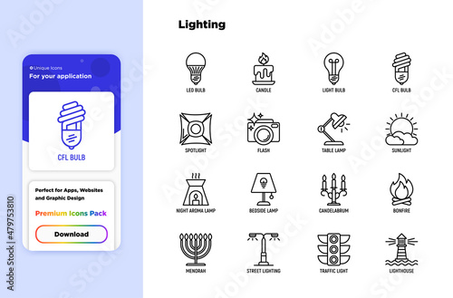 Lighting thin line icons set: bulb, LED, CFL, candle, table lamp, sunlight, spotlight, flash, candelabrum, bonfire, menorah, lighthouse, night aroma lamp. Modern vector illustration.