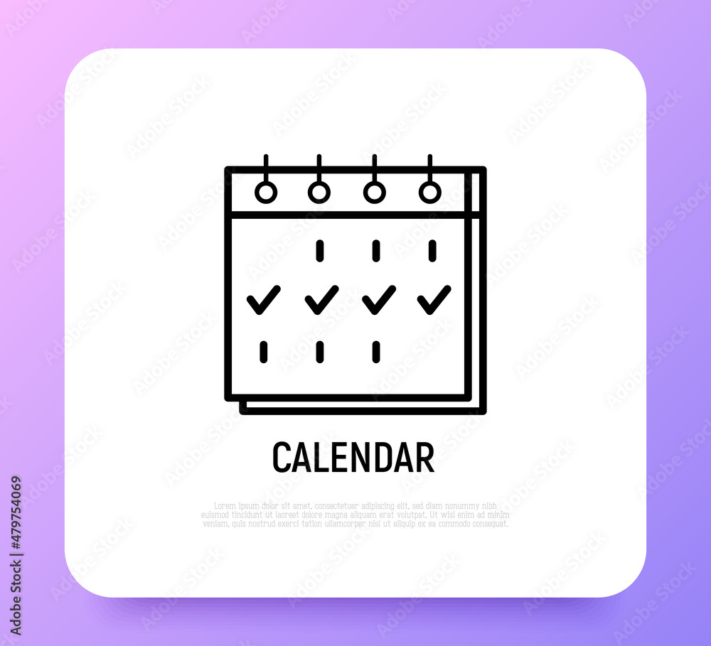 Calendar with check marks thin line icon. Planning, appointments. Modern vector illustration. Calendar with check marks thin line icon. Planning, appointments. Modern vector illustration.