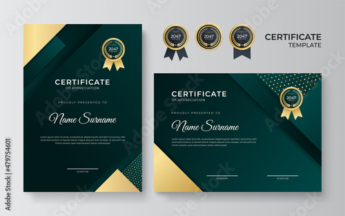 Premium elegant golden green certificate design template