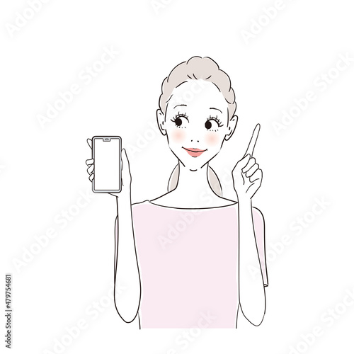 スマホを指さす笑顔の女性