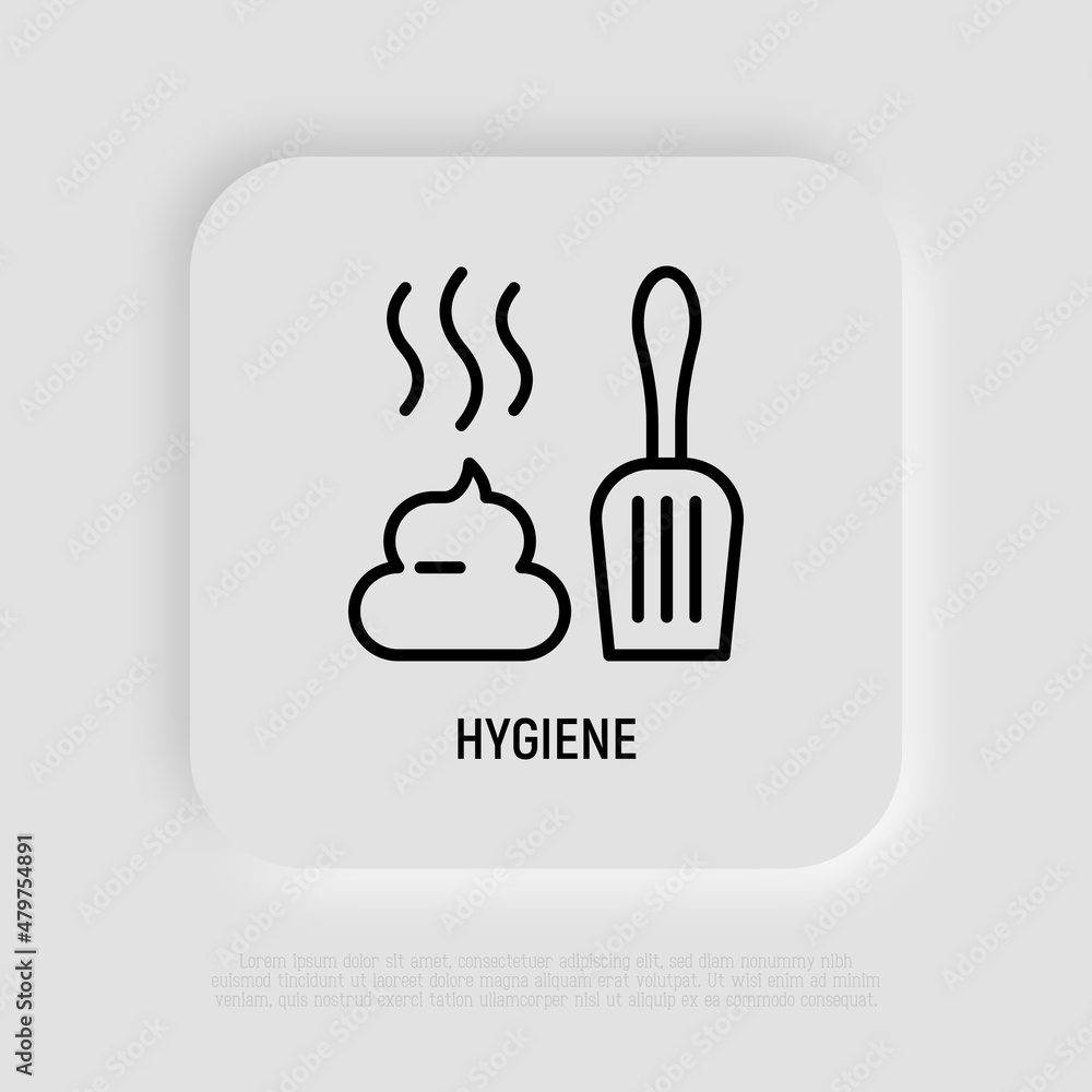 Hygiene after pet thin line icon: poop and scoop. Modern vector illustration for pet shop.