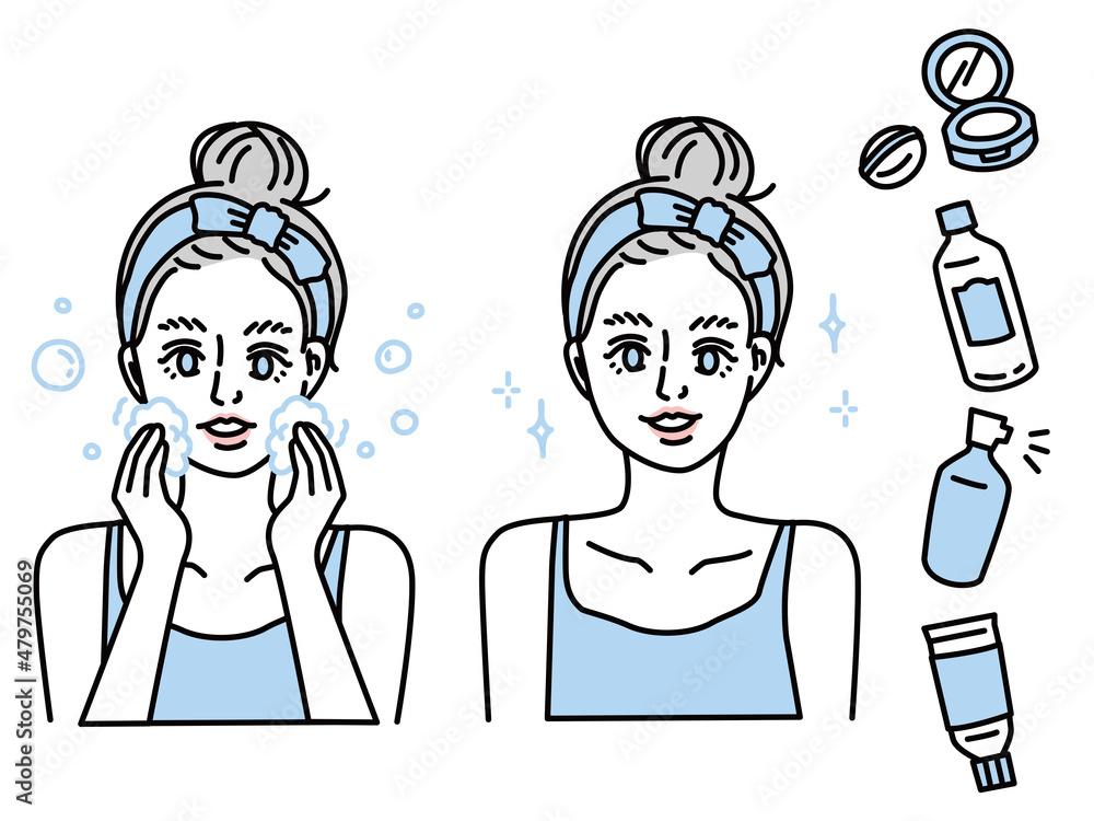 顔を洗う、洗顔する女性のイラスト(美容、スキンケア、化粧水、お肌のトラブル、クレンジング、ニキビ、すっぴん、美肌、コスメ) An illustration of a woman washing her face and washing her face.Beauty, skin care, lotion, skin trouble, acne, no makeup, beautiful . 顔を洗う、洗顔する女性のイラスト(美容、スキンケア、化粧水、お肌のトラブル、クレンジング、ニキビ、すっぴん、美肌、コスメ) An illustration of a woman washing her face and washing her face.Beauty, skin care, lotion, skin trouble, acne, no makeup, beautiful .