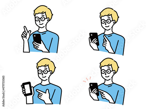 スマートフォンを持った男性のイラスト(スマホ、SNS、ソーシャル、キャッシュレス、ネットワーク) Hand with pnone. QR code concept illustration of man scanning barcode using mobile smartphone for online shopping and payment. Flat vector illustration