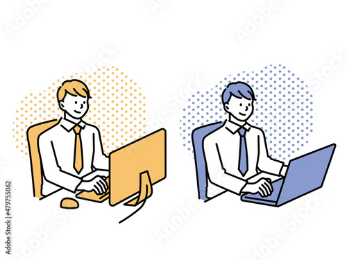 デスクワークのイラスト(パソコン、資料作成、テレワーク、勉強、調べる、仕事中、在宅ワーク、作業中) Illustration of desk work.Computer, data creation, telework, study, research, work from home, work.