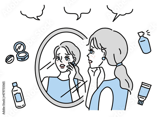 肌の悩み、肌荒れ、ニキビのイラスト(女性、鏡、ファッション、おしゃれ、美容、スキンケア) Illustrations of skin problems, rough skin, acne .
women, mirrors, fashion, fashion, fashion, beauty, skin care.