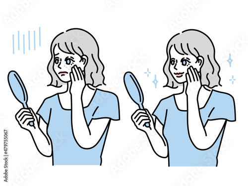 肌の悩み、肌荒れ、ニキビのイラスト(女性、鏡、ファッション、おしゃれ、美容、スキンケア) Illustrations of skin problems, rough skin, acne .
women, mirrors, fashion, fashion, fashion, beauty, skin care.