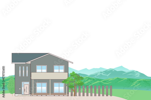 見晴らしの良い丘の上に建つ切妻屋根の一軒家 ベクターイラスト