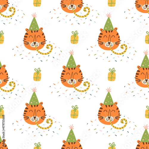 Jungle birthday pattern. Tiger birthday party seamless pattern. Cute childish tiger in festive hat. Jungle animal, safari background. Cartoon kids party decoration. Vector illustration. Kids design