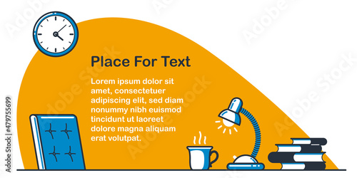 Place of work office table desk vector flat illustration isolated over white, work from home comfortable work space concept, empty chair nobody vacant job concept.