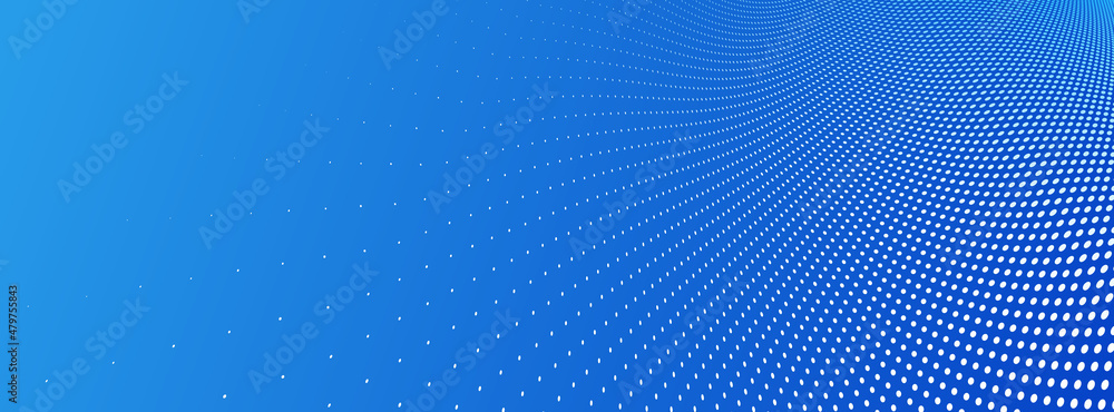 Blue dots in 3D perspective vector abstract background, multimedia internet information theme, wave stream of science technology or business blank template for ads. - obrazy, fototapety, plakaty 