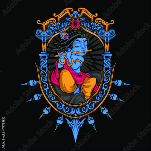 krishna play flute on the rock