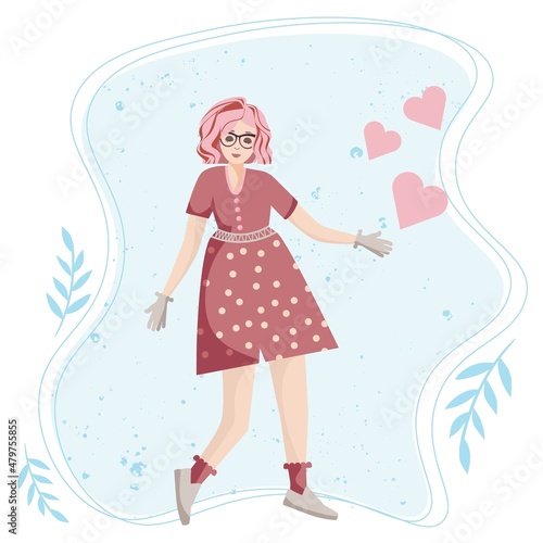 Illustration of a girl and love, with elements of flowers and a heart.
