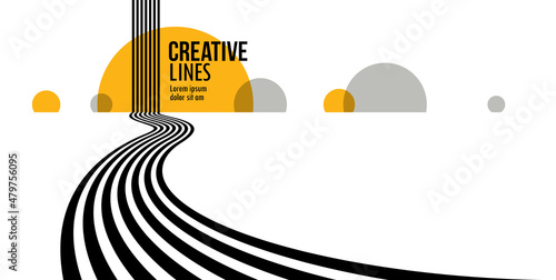 Fototapeta Future lines in 3D perspective vector abstract background, black and yellow linear composition, road to horizon and sky concept, optical illusion op art