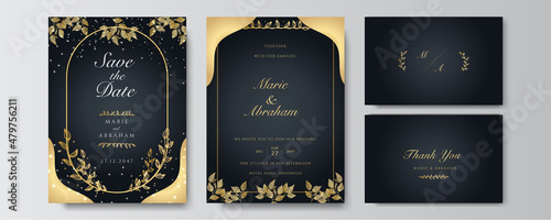 Premium elegant golden black wedding invitation design template