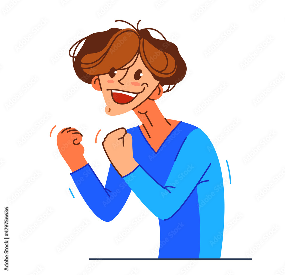 Happy boy excited with winner gesture vector illustration, young man saying yes to success and goal cartoon drawing, champion win. Happy boy excited with winner gesture vector illustration, young man saying yes to success and goal cartoon drawing, champion win.