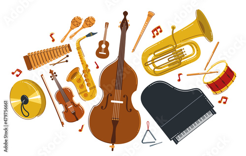 Fotografiet Classical music instruments composition vector flat style illustration isolated on white, classic orchestra acoustic sound, concert or festival, diversity of musical tools