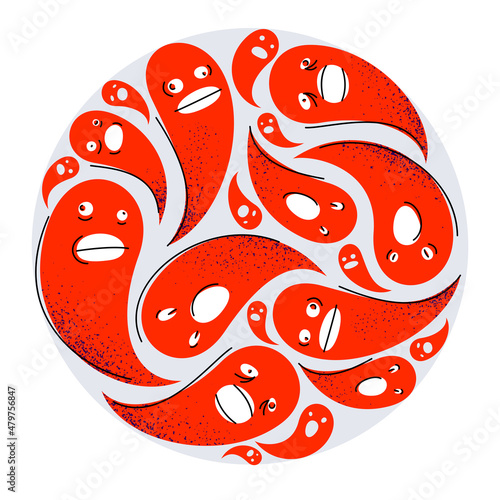 Ghosts round composition in a circle vector design illustration, horror and fear theme concept, phobia of paranormal, dead spirits.