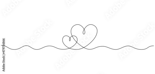 One continuous drawing of two hearts and love signs. Thin stroke and romantic symbols in simple linear style. Minimalistic Doodle vector illustration