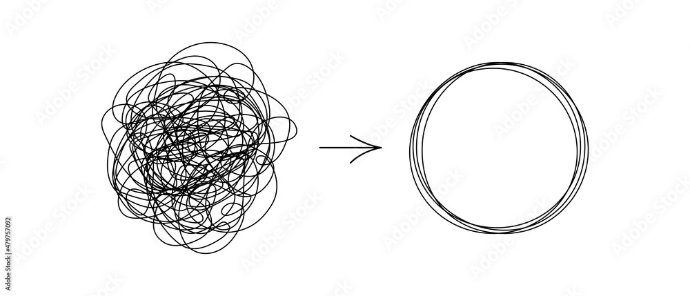 Chaotically tangled line and untied knot in form of circle. Psychotherapy concept of solving problems is easy. Unravels chaos and mess difficult situation. Vector illustration - obrazy, fototapety, plakaty 