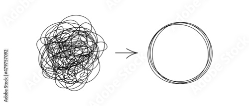 Chaotically tangled line and untied knot in form of circle. Psychotherapy concept of solving problems is easy. Unravels chaos and mess difficult situation. Vector illustration