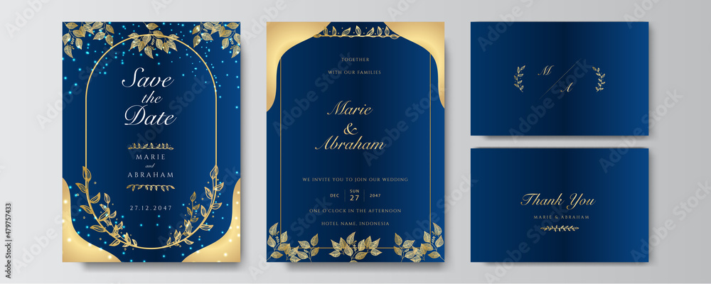 Premium elegant golden blue wedding invitation design template Stock ...