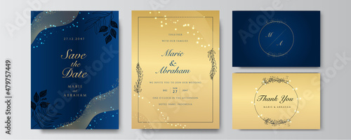 Premium elegant golden blue wedding invitation design template
