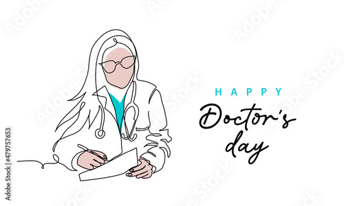 Doctors day simple vector illustration of physician, therapist woman in doctor coat. One continuous line art drawing background, banner, poster for Doctors day celebration