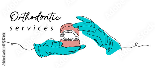 Orthodontic services office banner, poster, background. Tooth model with orthodontic braces and hand in medical gloves. One continuous line art drawing