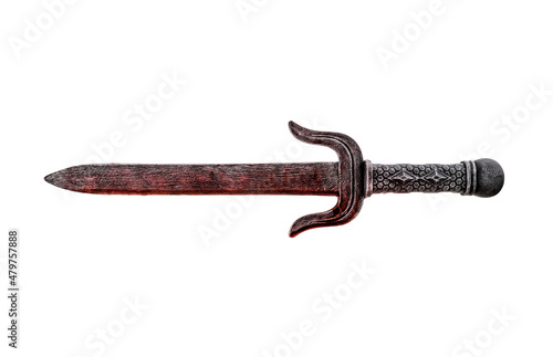 Old dagger in red blood isolated on white background with clipping path