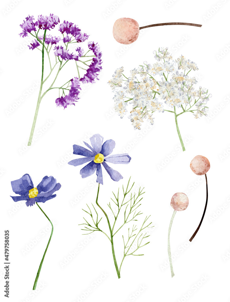 Naklejka premium Violet floral watercolor set illustration for wedding card. Hand drawn boho wildflowers elements. Spring summer elegant garden flowers in color trendy very peri.